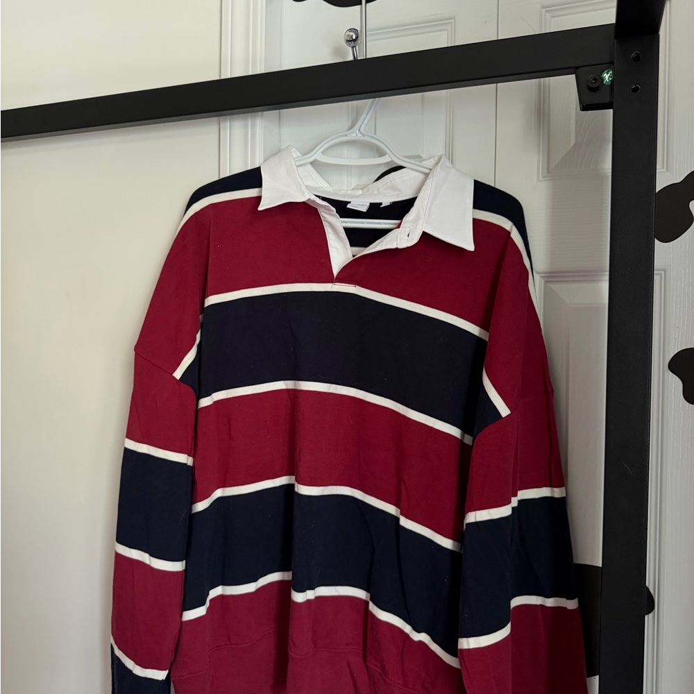 Aritzia Burgundy, Navy & White Rugby-Style Long Sleeve Polo